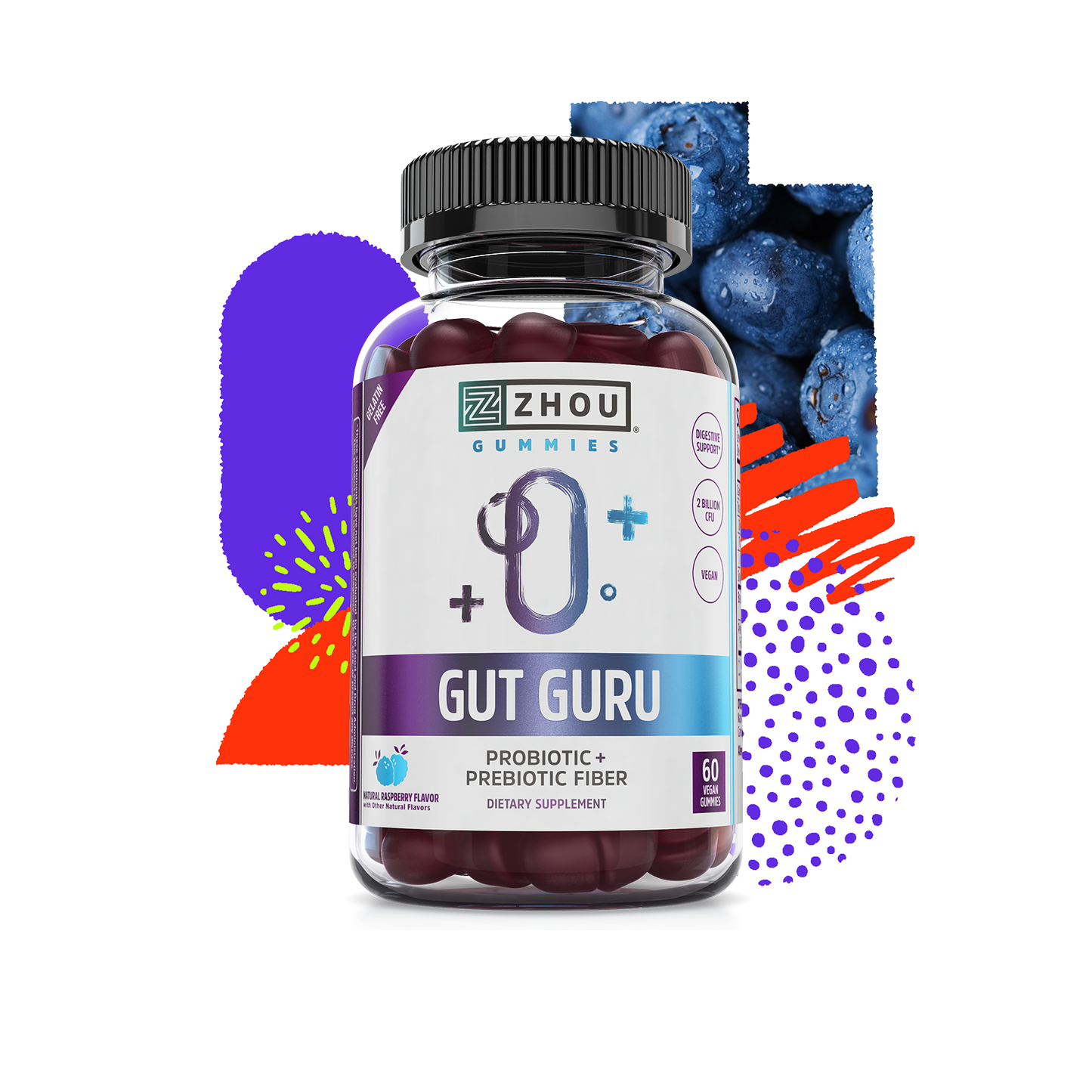 Zhou Nutrition Gut Guru Gummies with blueberries support digestive health.