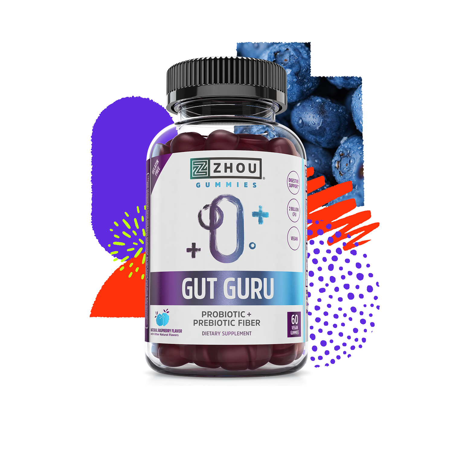 Zhou Nutrition Gut Guru Gummies with blueberries support digestive health.
