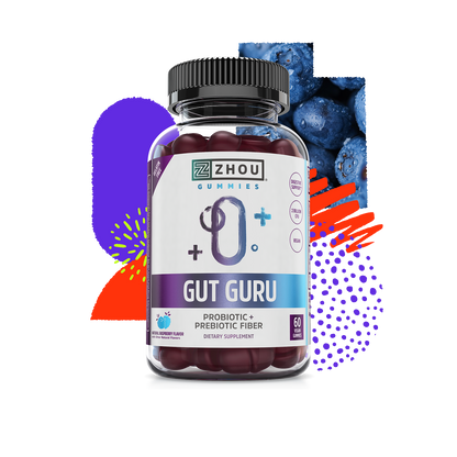 Zhou Nutrition Gut Guru Gummies with blueberries support digestive health.