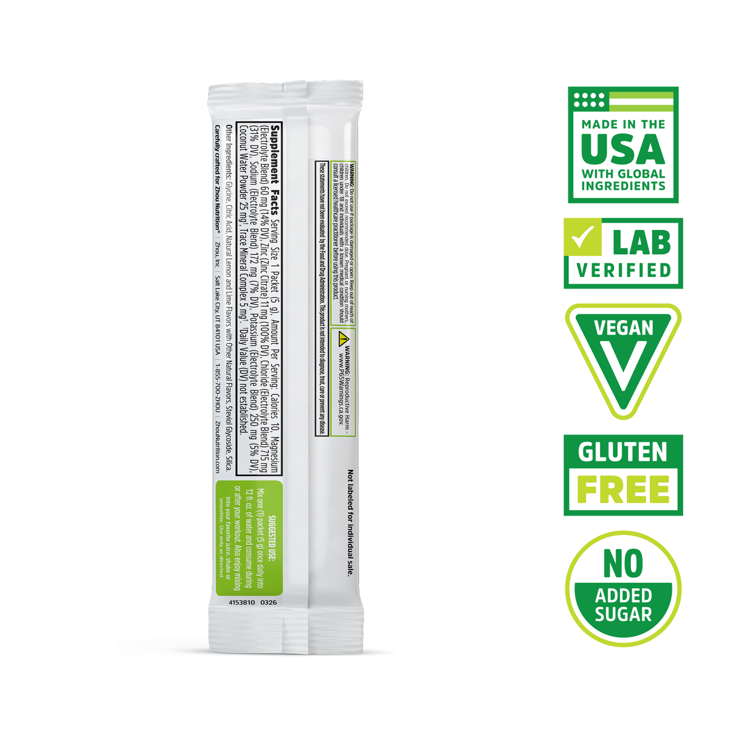 Hydro-Fuel Stick Packs by Zhou Nutrition: Made in USA, Vegan, Gluten Free, with coconut water powder.