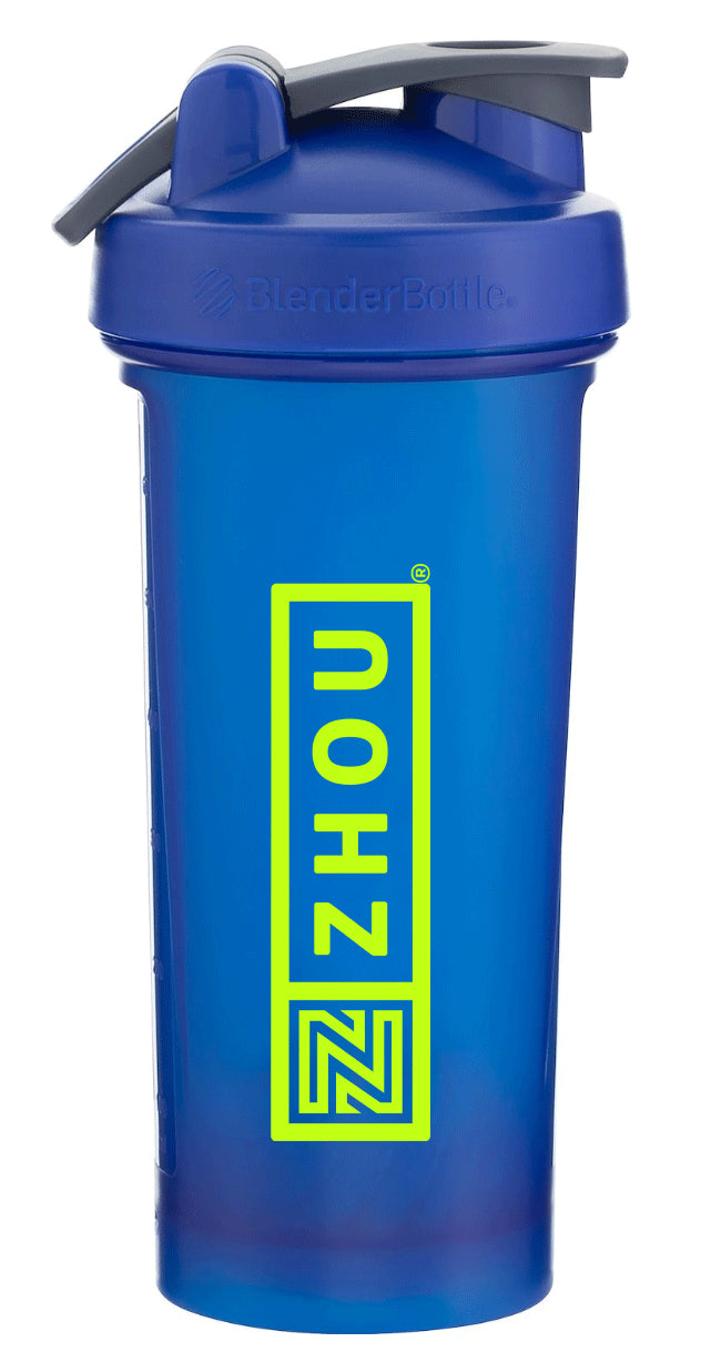 Zhou Nutrition Zhou Blender Bottle: blue shaker with gray flip lid and neon yellow logo, ideal for wellness shakes.