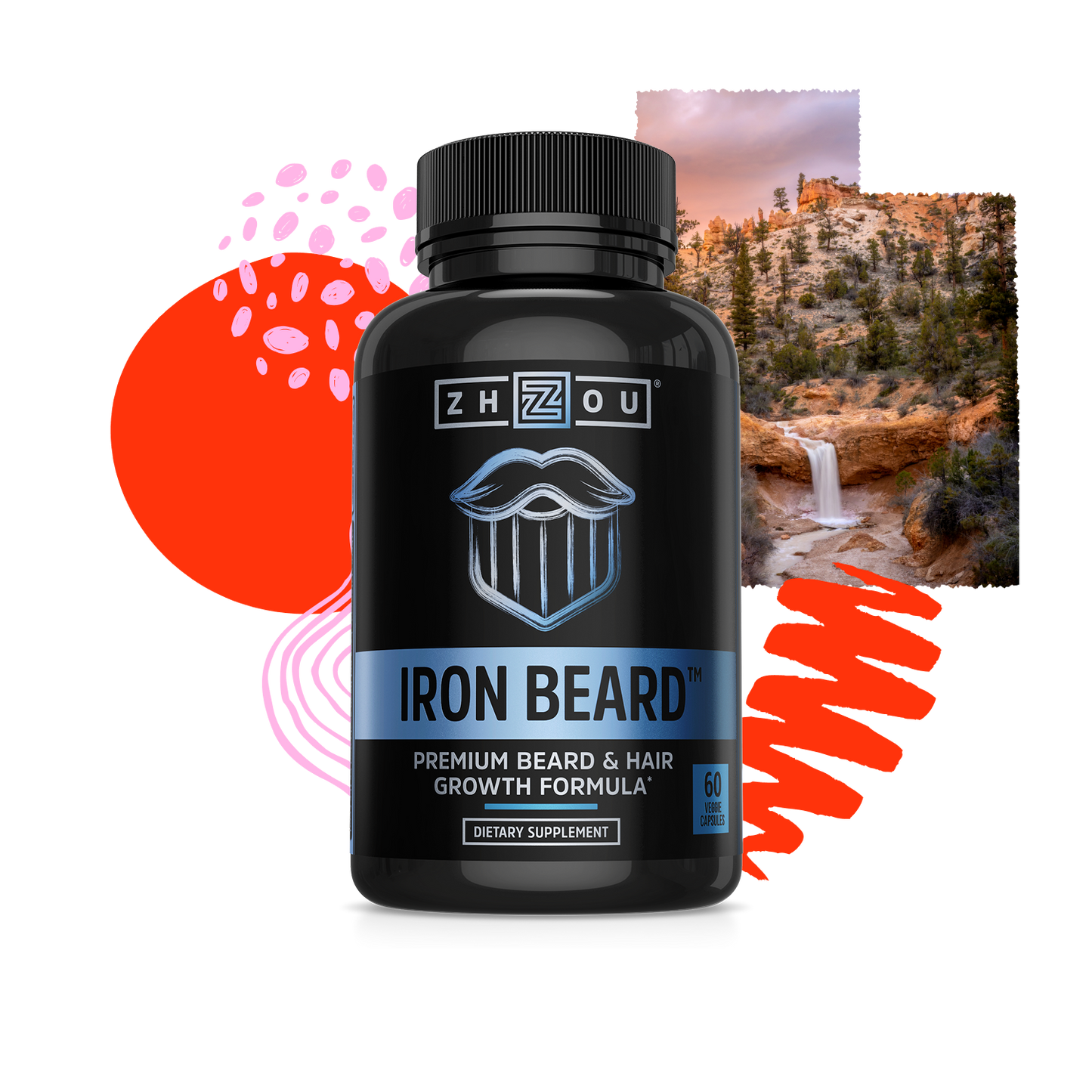 Black bottle of Zhou Nutrition Iron Beard supplement for beard growth, set before colorful shapes and a waterfall scene.