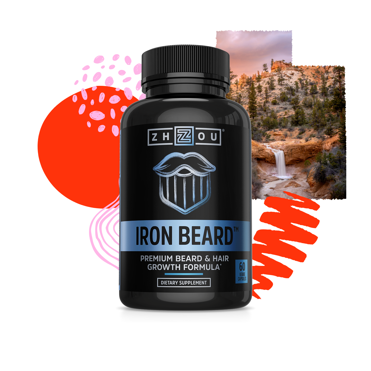 Black bottle of Zhou Nutrition Iron Beard supplement for beard growth, set before colorful shapes and a waterfall scene.