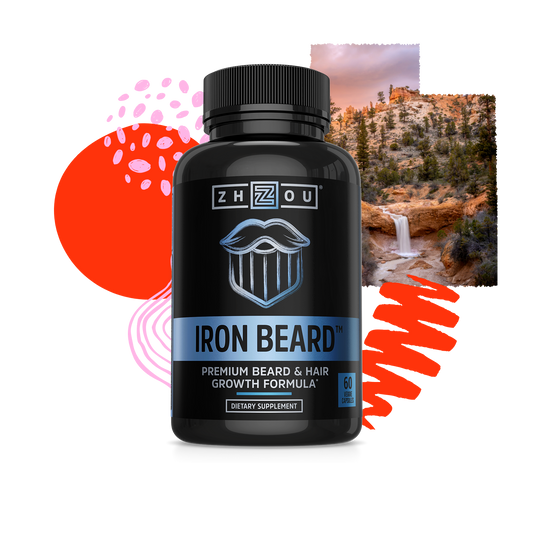 Black bottle of Zhou Nutrition Iron Beard supplement for beard growth, set before colorful shapes and a waterfall scene.
