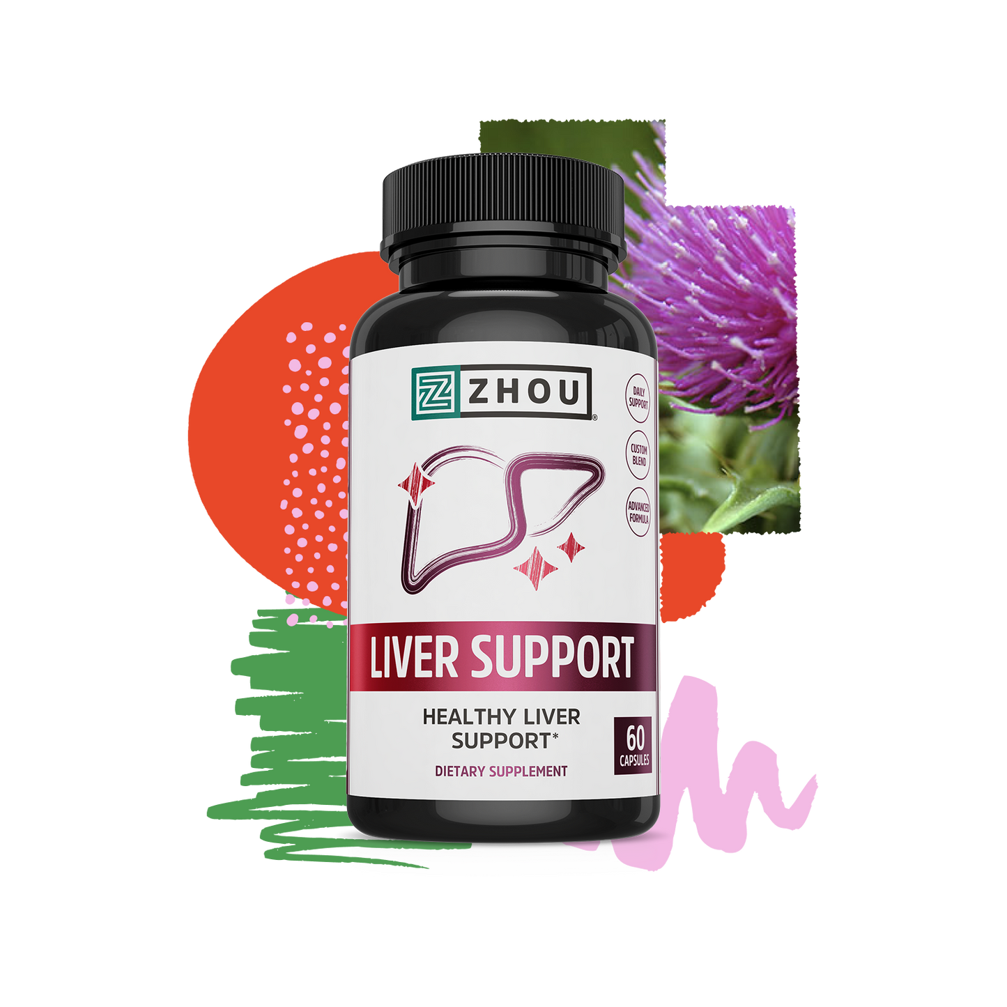 A bottle of Zhou Nutrition Liver Support capsules with abstract shapes and a Milk Thistle flower in the background.