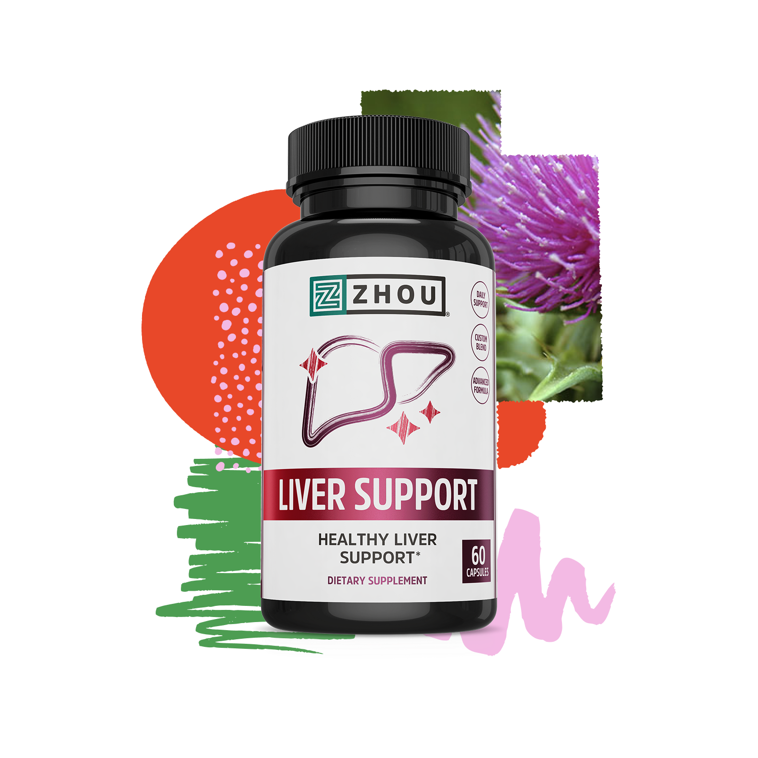A bottle of Zhou Nutrition Liver Support capsules with abstract shapes and a Milk Thistle flower in the background.