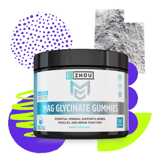 A jar of Zhou Nutrition Mag Glycinate Gummies with colorful shapes supports nerve function and cellular energy.