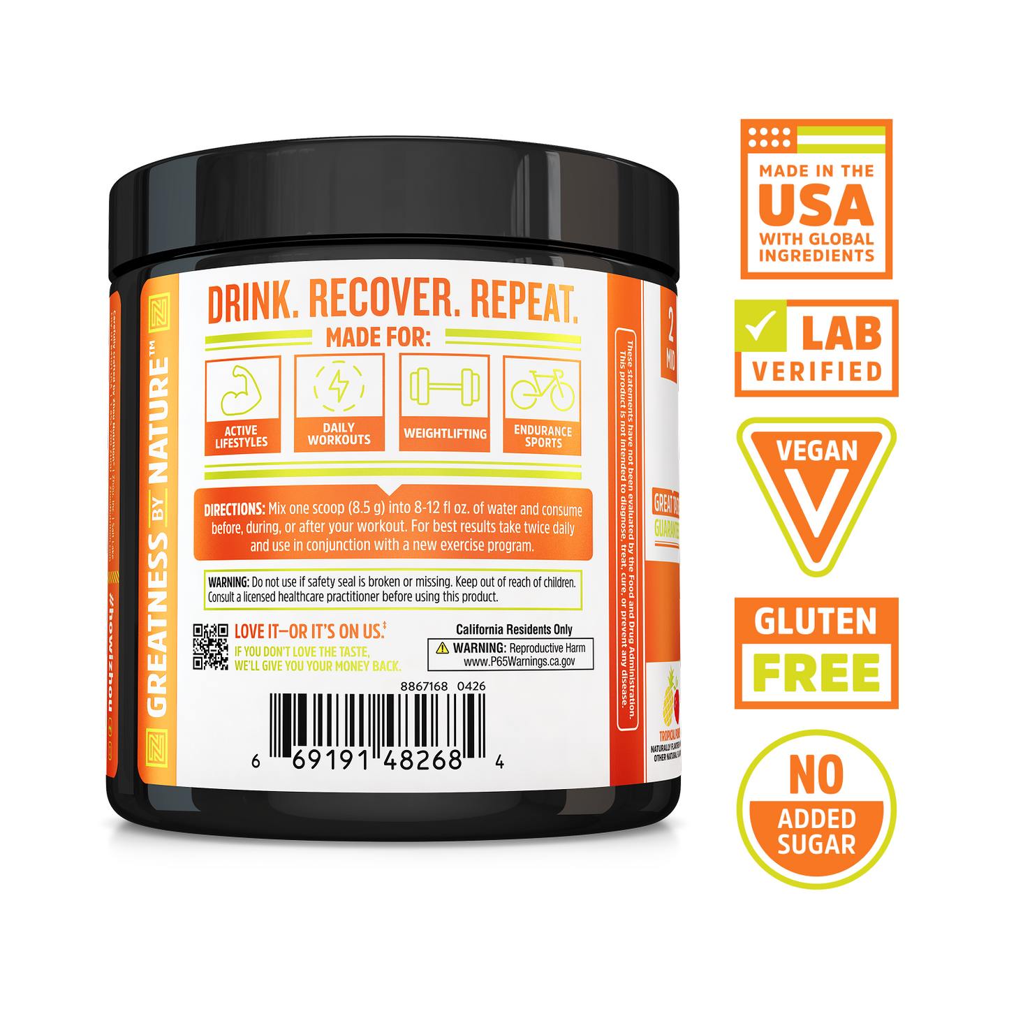 Back of Zhou Nutrition Muscle BCAA: USA-made, lab verified, vegan, gluten free, no sugar, with BCAA benefits.