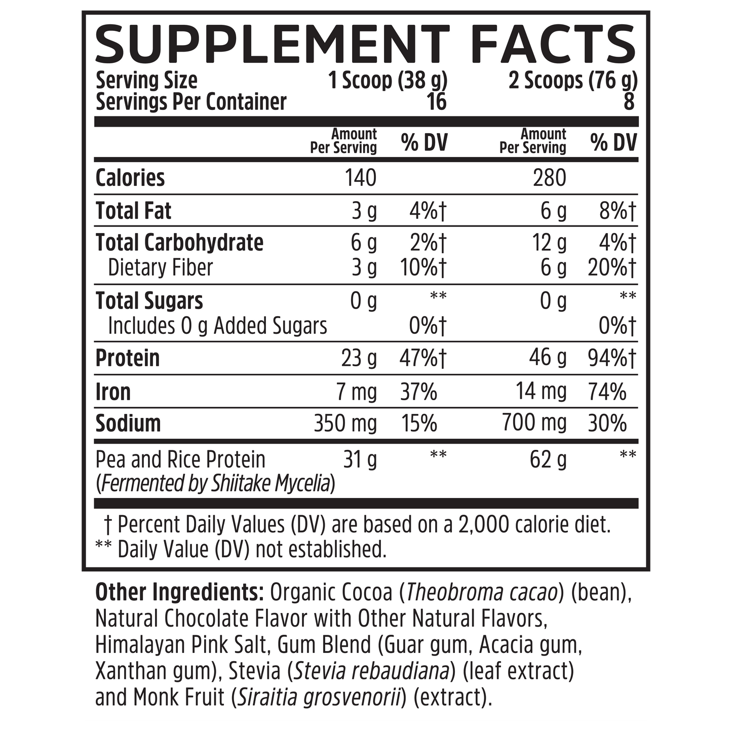 Supplement facts label for Zhou Nutrition Plant Complete vegan protein with full amino profile, calories, fat, carbs & ingredients.