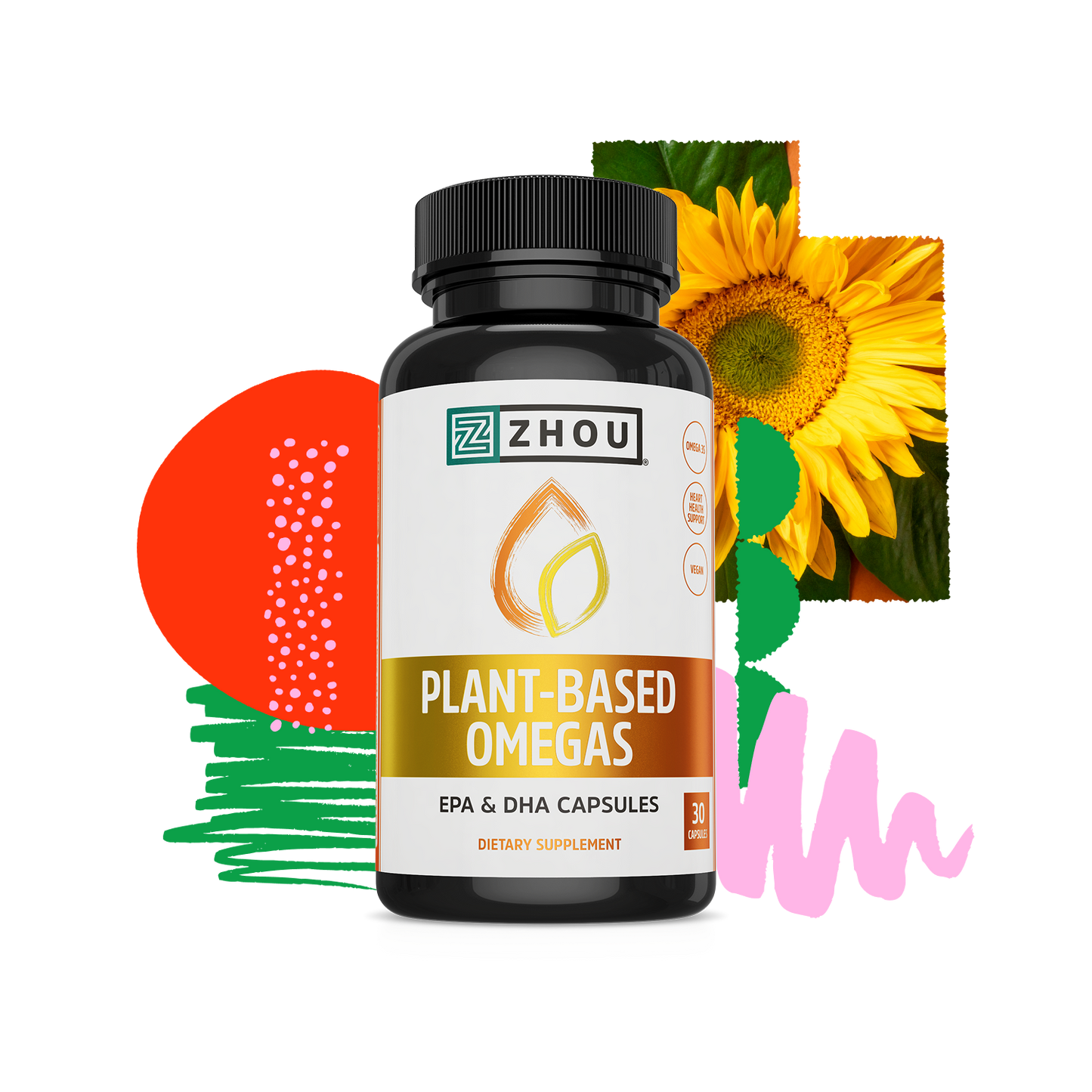 A bottle of Zhou Nutrition Plant-Based Omegas capsules featuring colorful shapes and a sunflower for cardiovascular support.