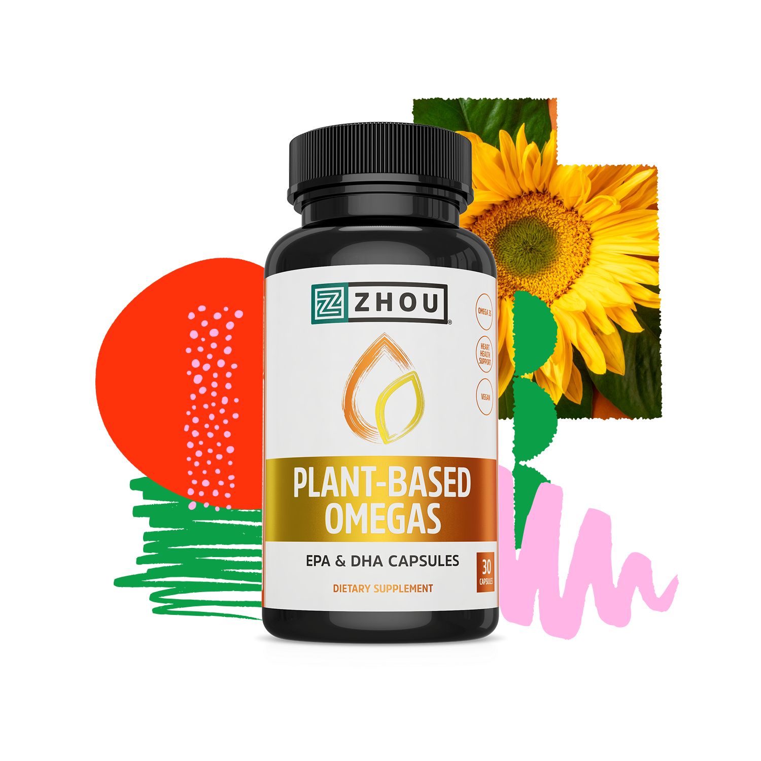 A bottle of Zhou Nutrition Plant-Based Omegas capsules featuring colorful shapes and a sunflower for cardiovascular support.