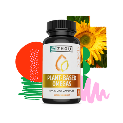 A bottle of Zhou Nutrition Plant-Based Omegas capsules featuring colorful shapes and a sunflower for cardiovascular support.