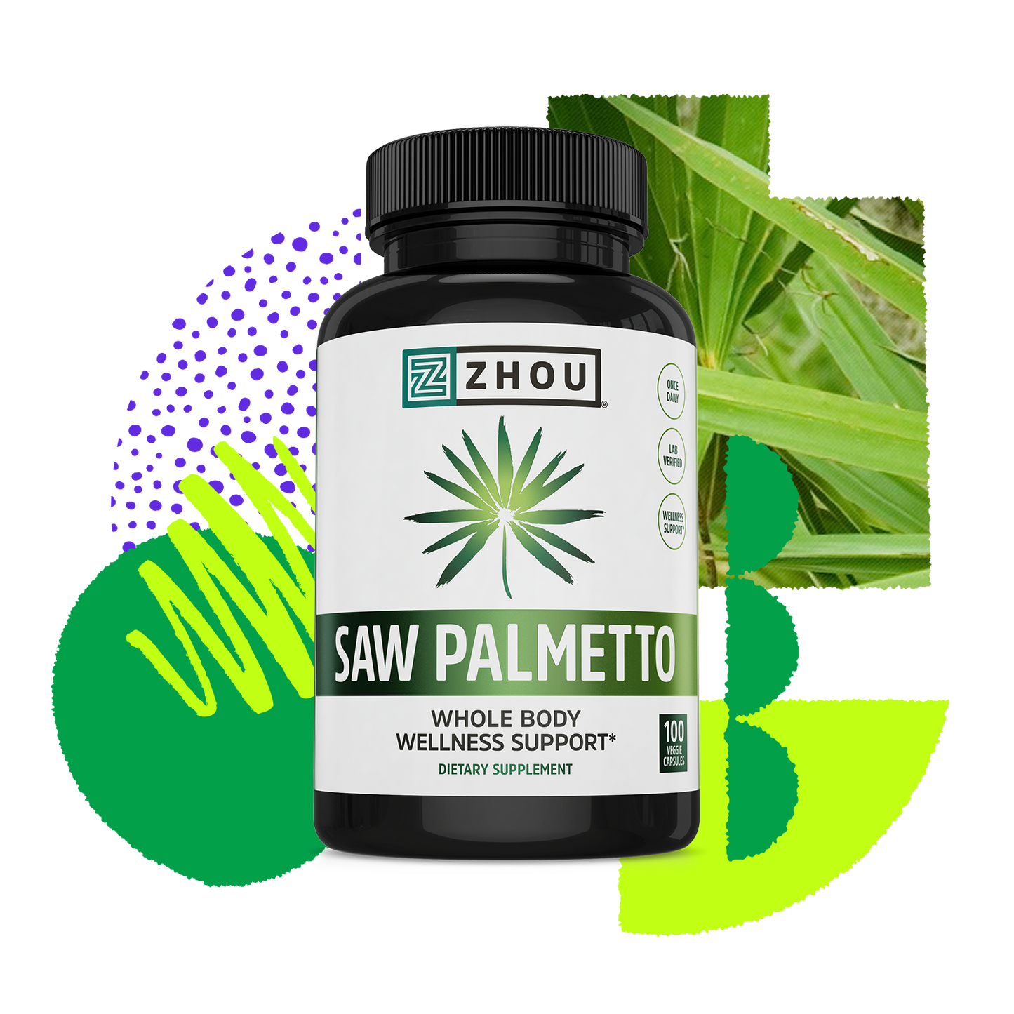A black bottle of Zhou Nutrition Saw Palmetto for prostate support, featuring a green leaf and abstract background.