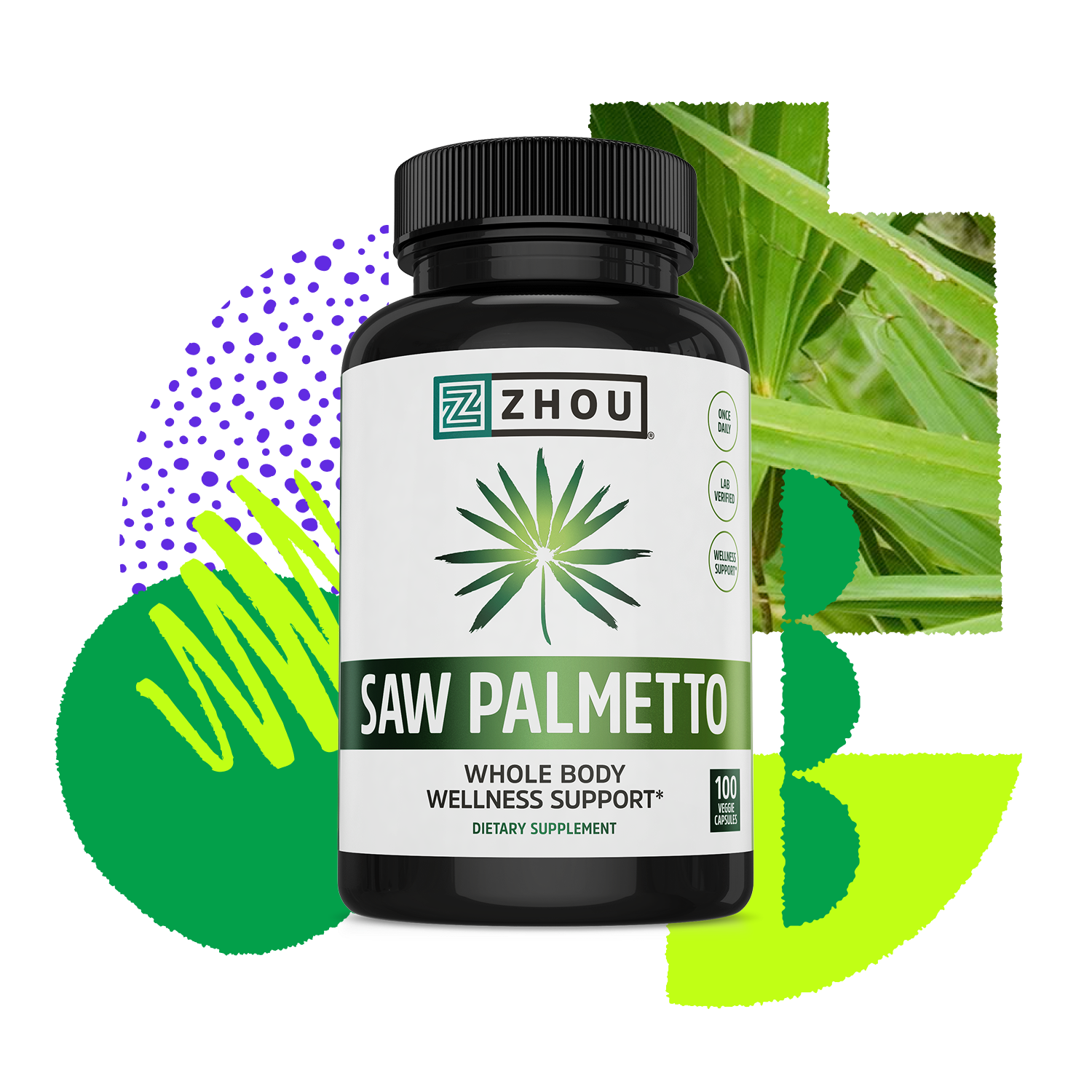 A black bottle of Zhou Nutrition Saw Palmetto for prostate support, featuring a green leaf and abstract background.