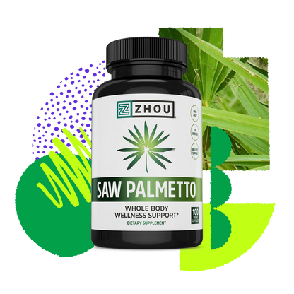 A black bottle of Zhou Nutrition Saw Palmetto for prostate support, featuring a green leaf and abstract background.