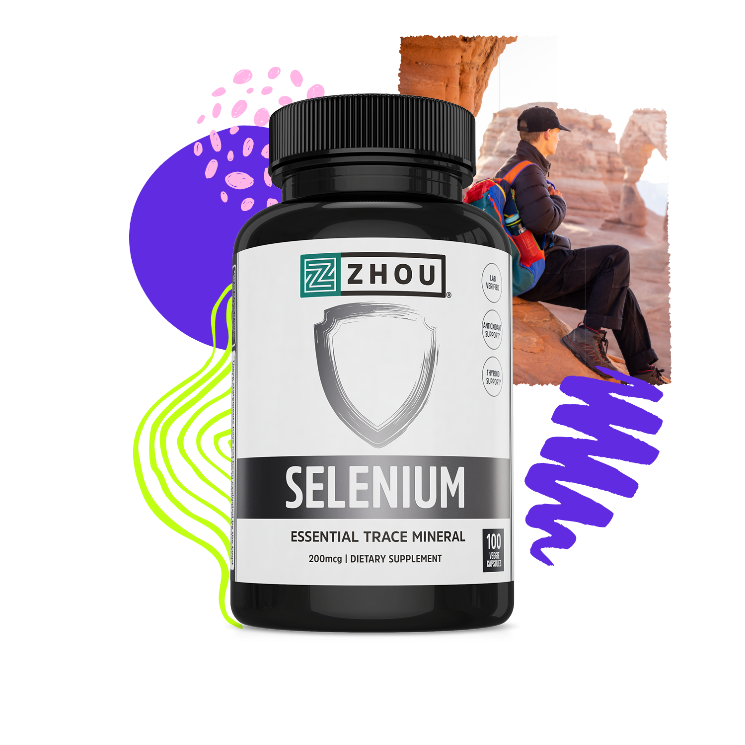 A bottle of Zhou Nutrition Selenium, for thyroid support, with a hiker by a rock arch and colorful graphics behind.
