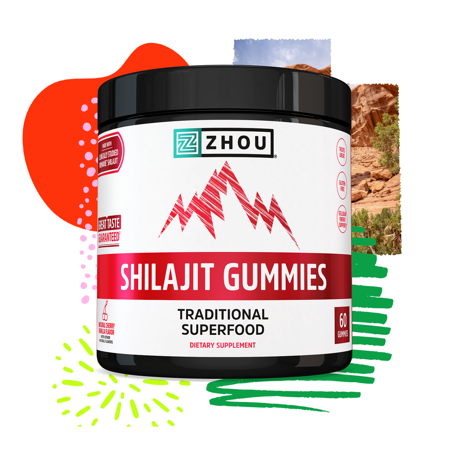 A Zhou Nutrition Shilajit Gummies container labeled “Traditional Superfood” boosts cellular energy with vibrant accents.