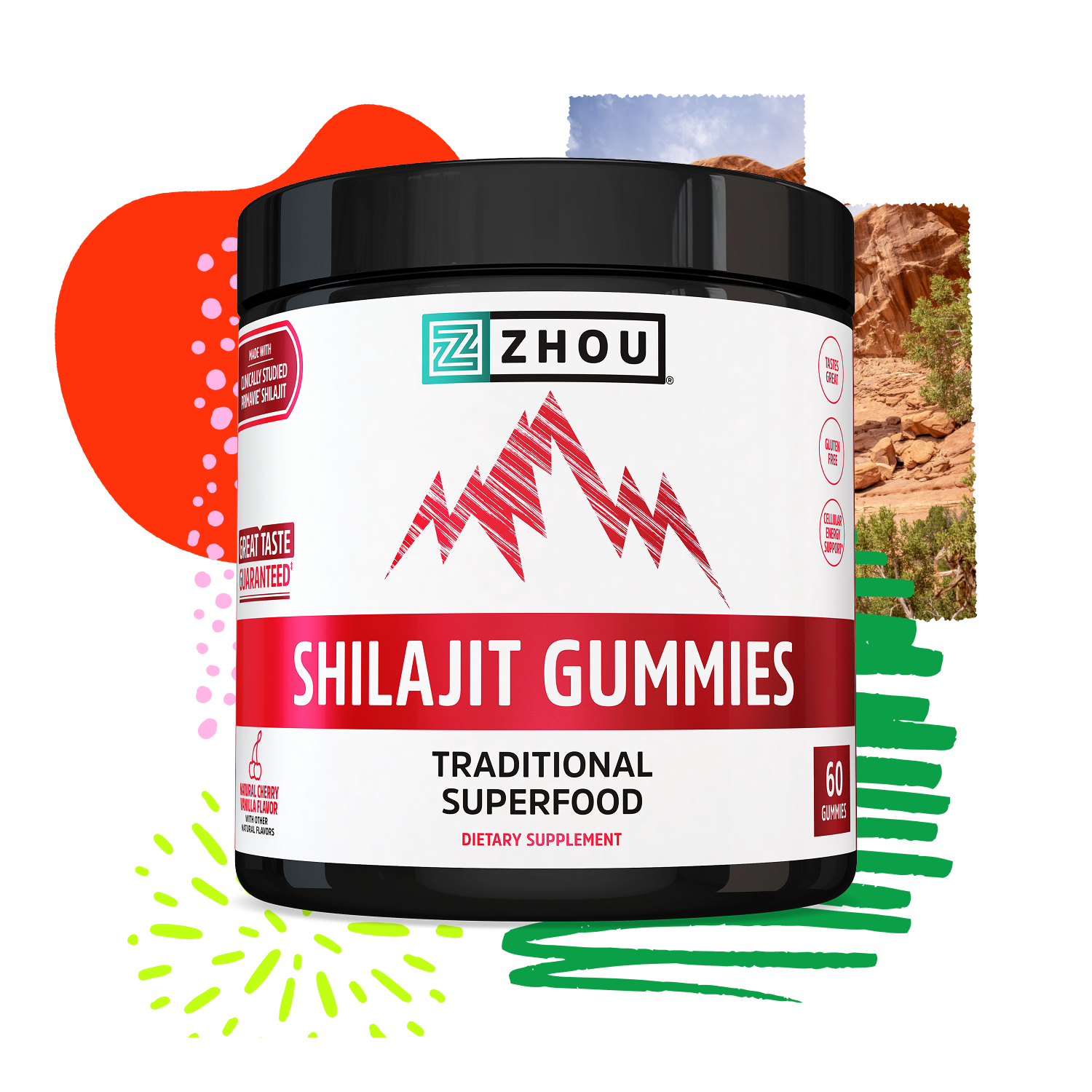 A Zhou Nutrition Shilajit Gummies container labeled “Traditional Superfood” boosts cellular energy with vibrant accents.