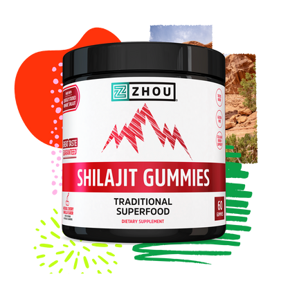 A Zhou Nutrition Shilajit Gummies container labeled “Traditional Superfood” boosts cellular energy with vibrant accents.
