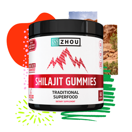 A Zhou Nutrition Shilajit Gummies container labeled “Traditional Superfood” boosts cellular energy with vibrant accents.