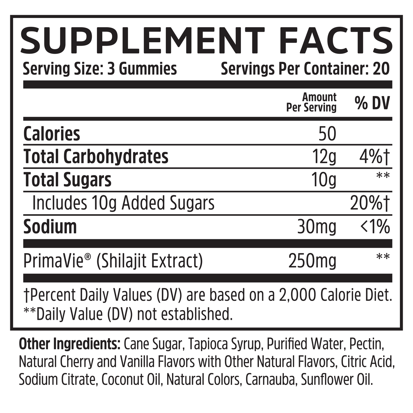 Shilajit Gummies by Zhou Nutrition: Supplement Facts—serving size, calories, sugar, sodium, PrimaVie Shilajit & more.