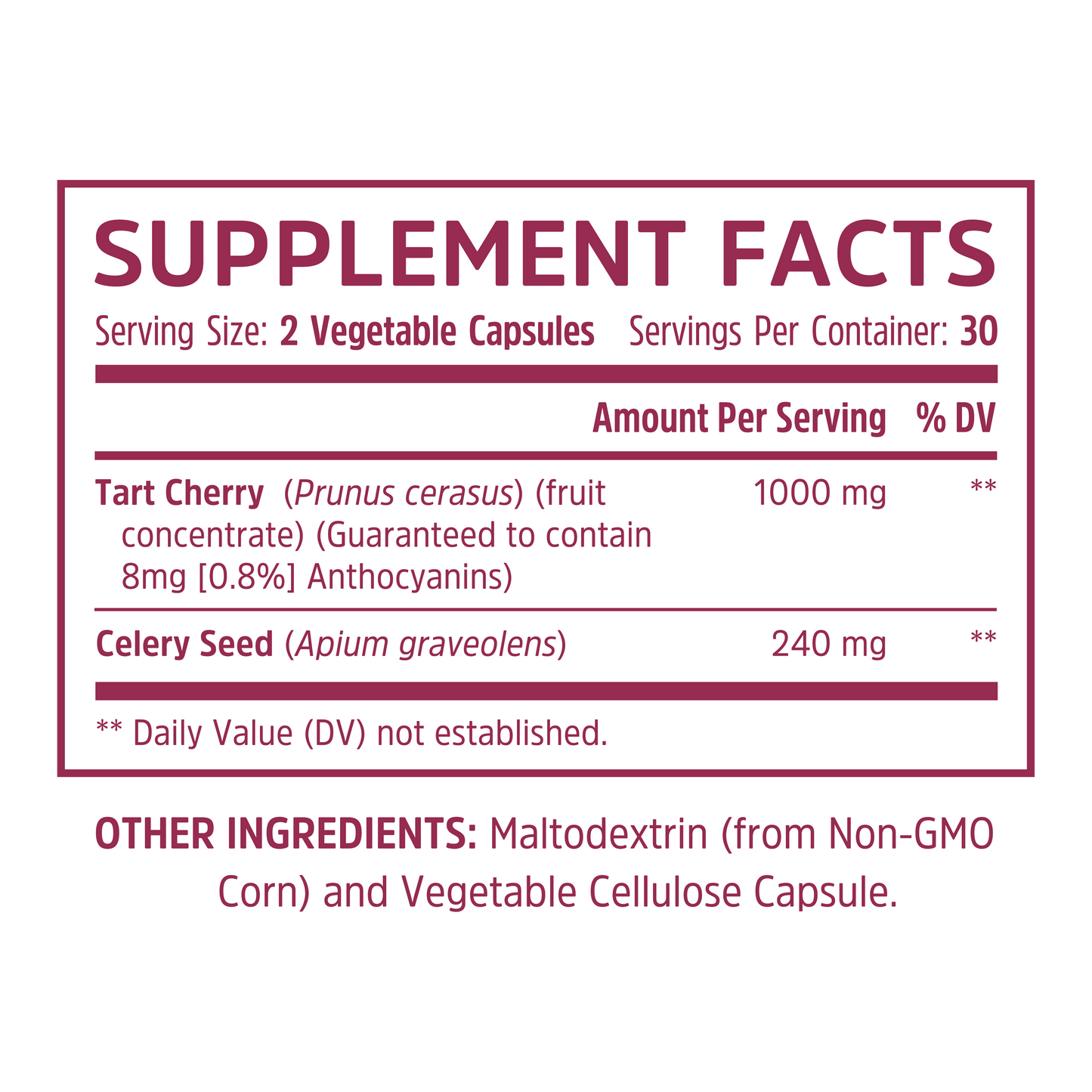 Zhou Nutrition Tart Cherry Extract + Celery Seed capsules: tart cherry extract, celery seed, maltodextrin, vegetable cellulose.