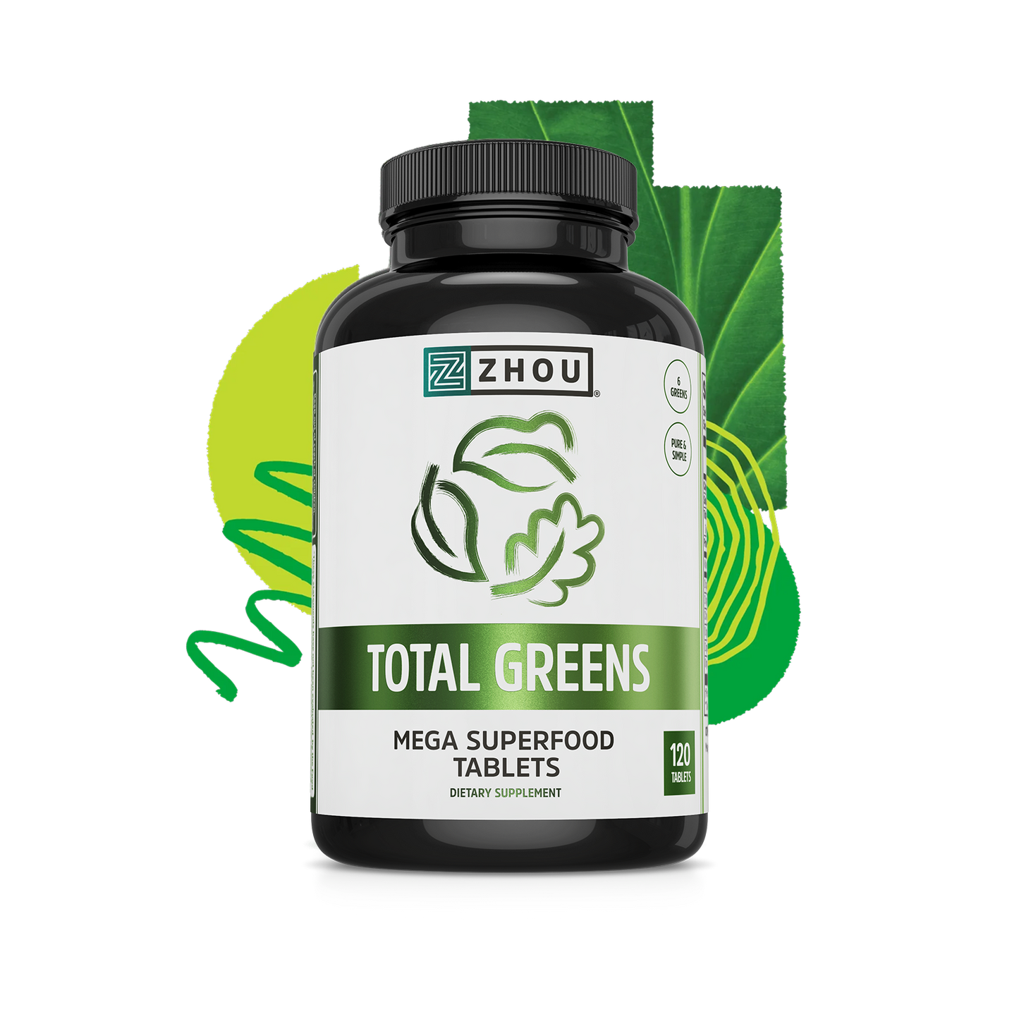A bottle of Zhou Nutrition Total Greens, a spirulina supplement, with leafy label and green background.