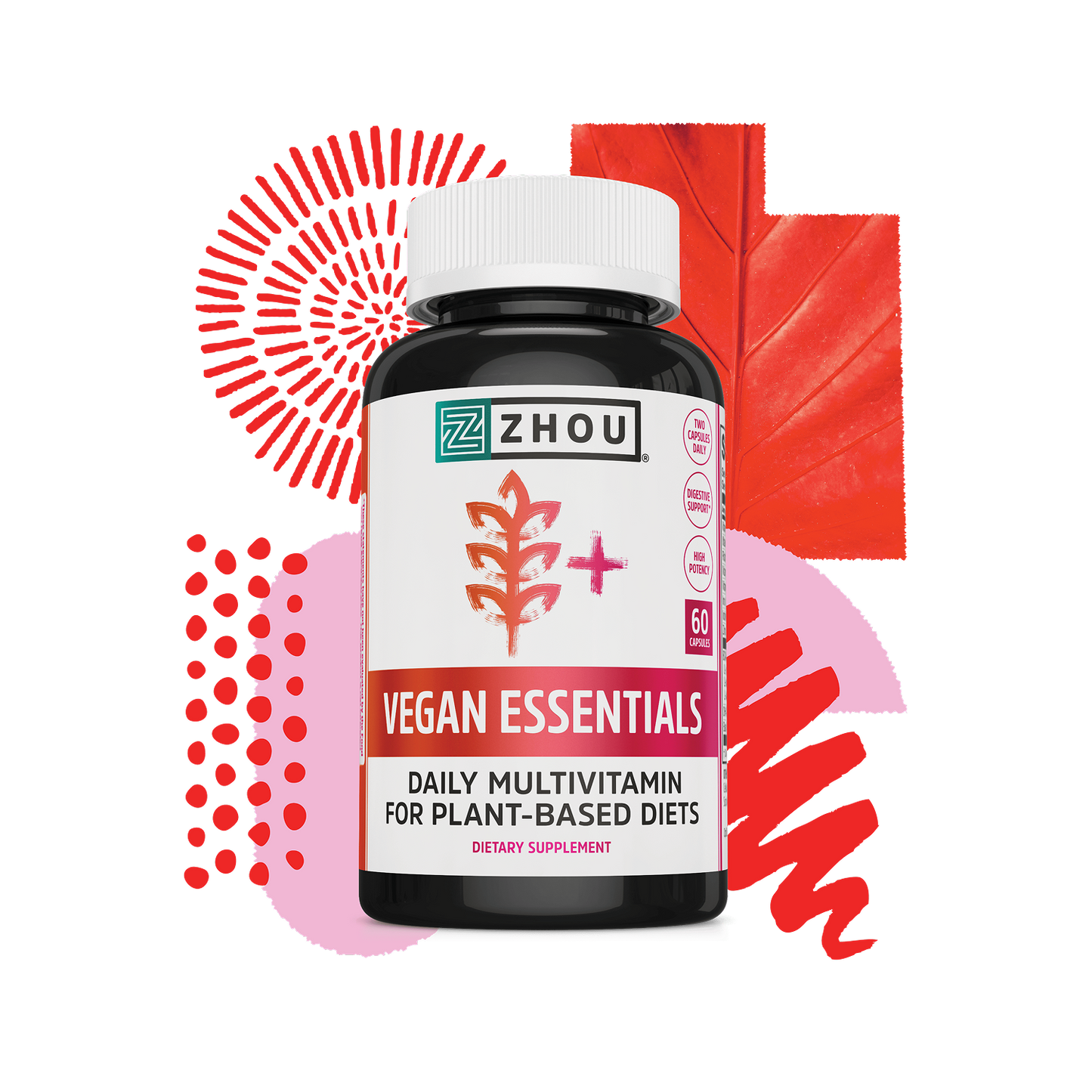 A bottle of Zhou Nutrition Vegan Essentials multivitamin with red abstract shapes and a leaf in the background.