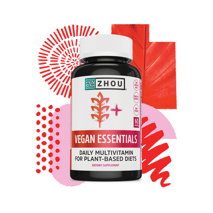 A bottle of Zhou Nutrition Vegan Essentials multivitamin with red abstract shapes and a leaf in the background.