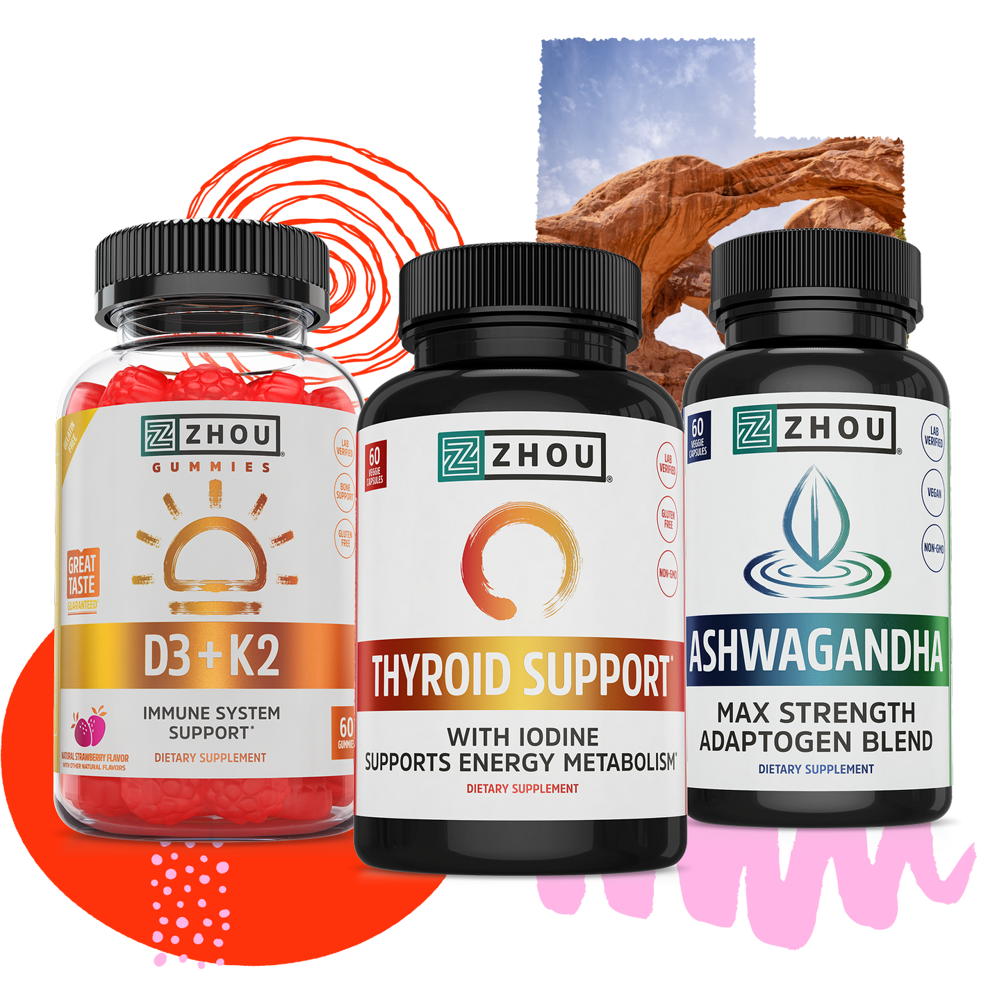 The Zhou Nutrition Women's Daily Balance Bundle on a colorful abstract background.