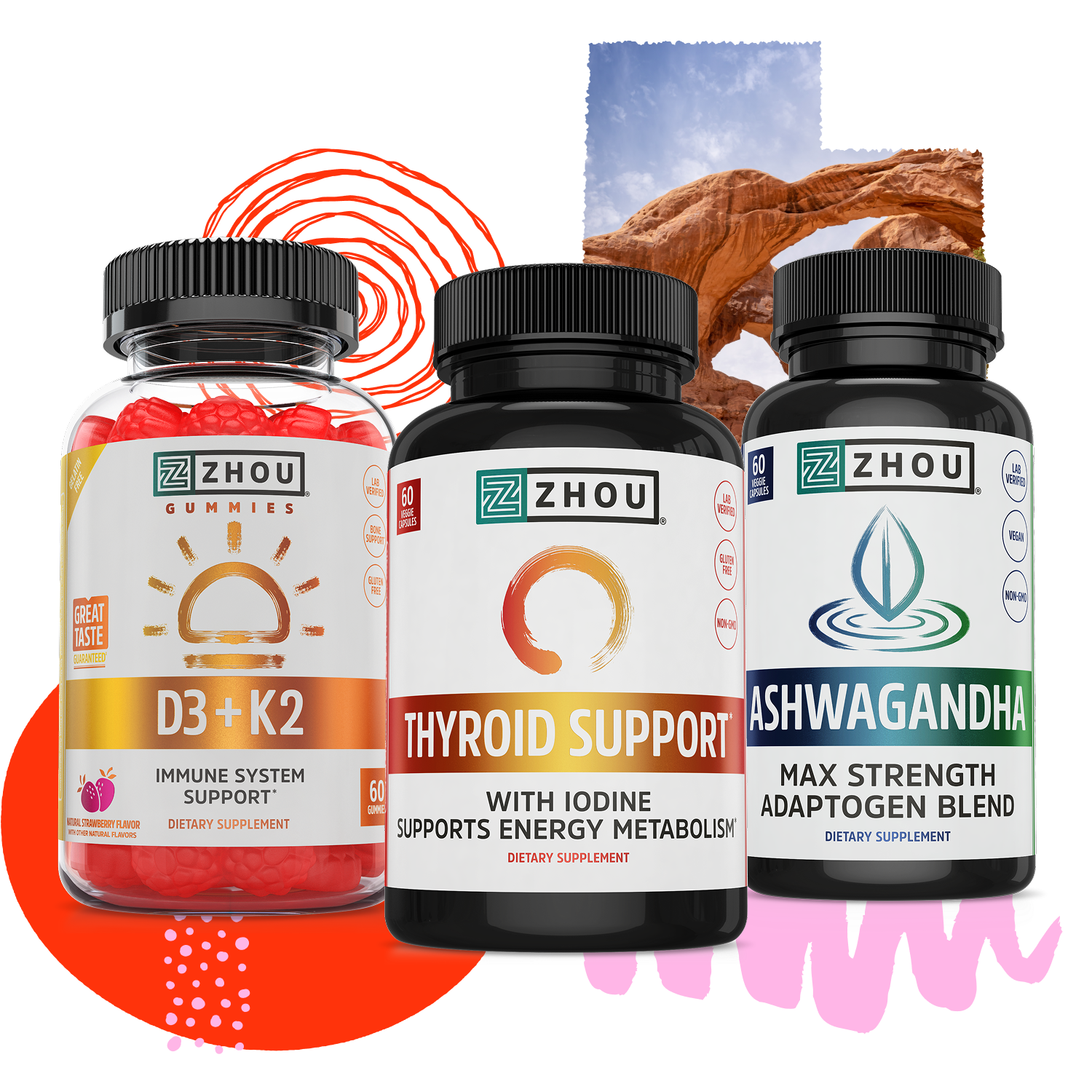 The Zhou Nutrition Women's Daily Balance Bundle on a colorful abstract background.