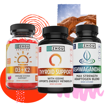 The Zhou Nutrition Women's Daily Balance Bundle on a colorful abstract background.
