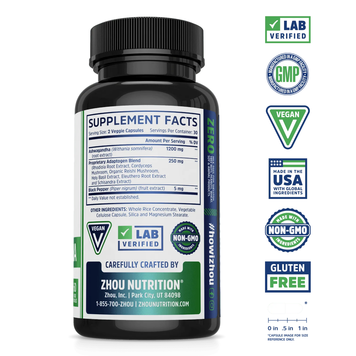A black Zhou Nutrition Women's Daily Balance Bundle bottle labeled with supplement facts and health benefits.