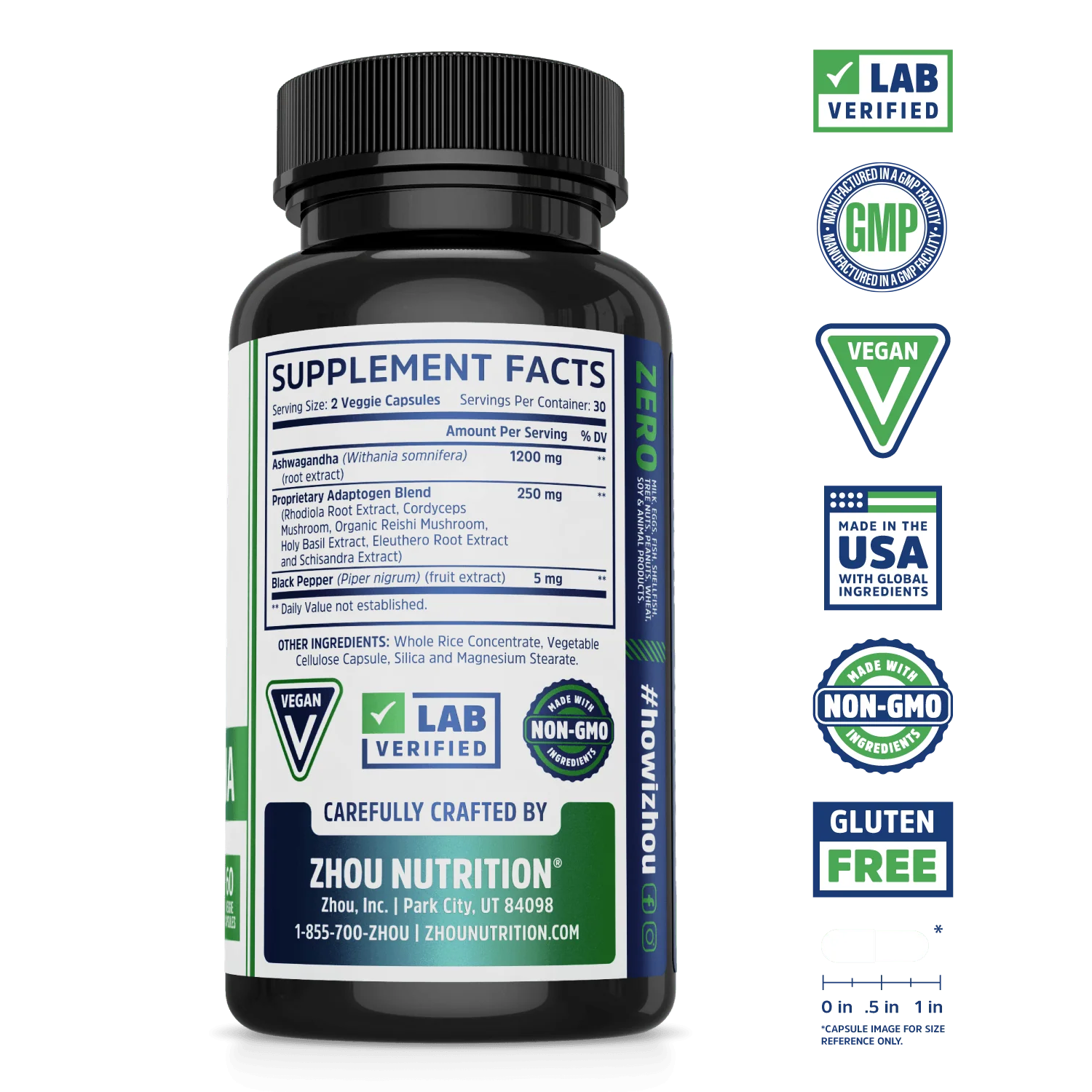 A black Zhou Nutrition Women's Daily Balance Bundle bottle labeled with supplement facts and health benefits.