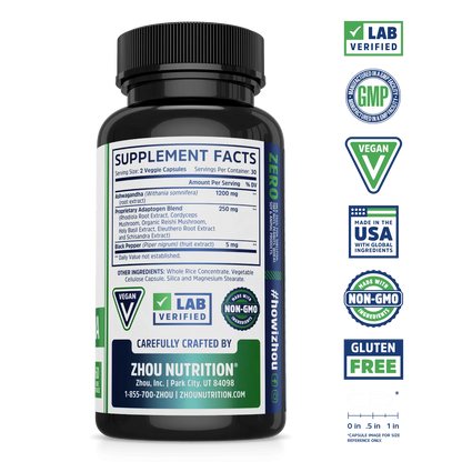 A black Zhou Nutrition Women's Daily Balance Bundle bottle labeled with supplement facts and health benefits.