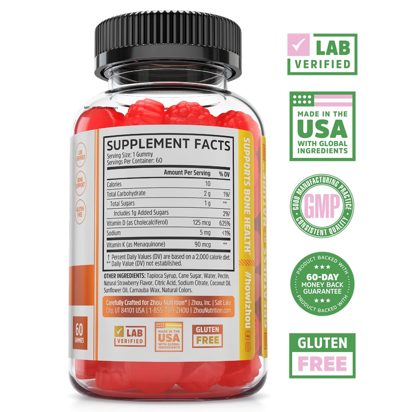 A bottle of Zhou Nutrition Women's Daily Balance Bundle with supplement facts and badges for lab verification, USA, GMP, gluten-free.