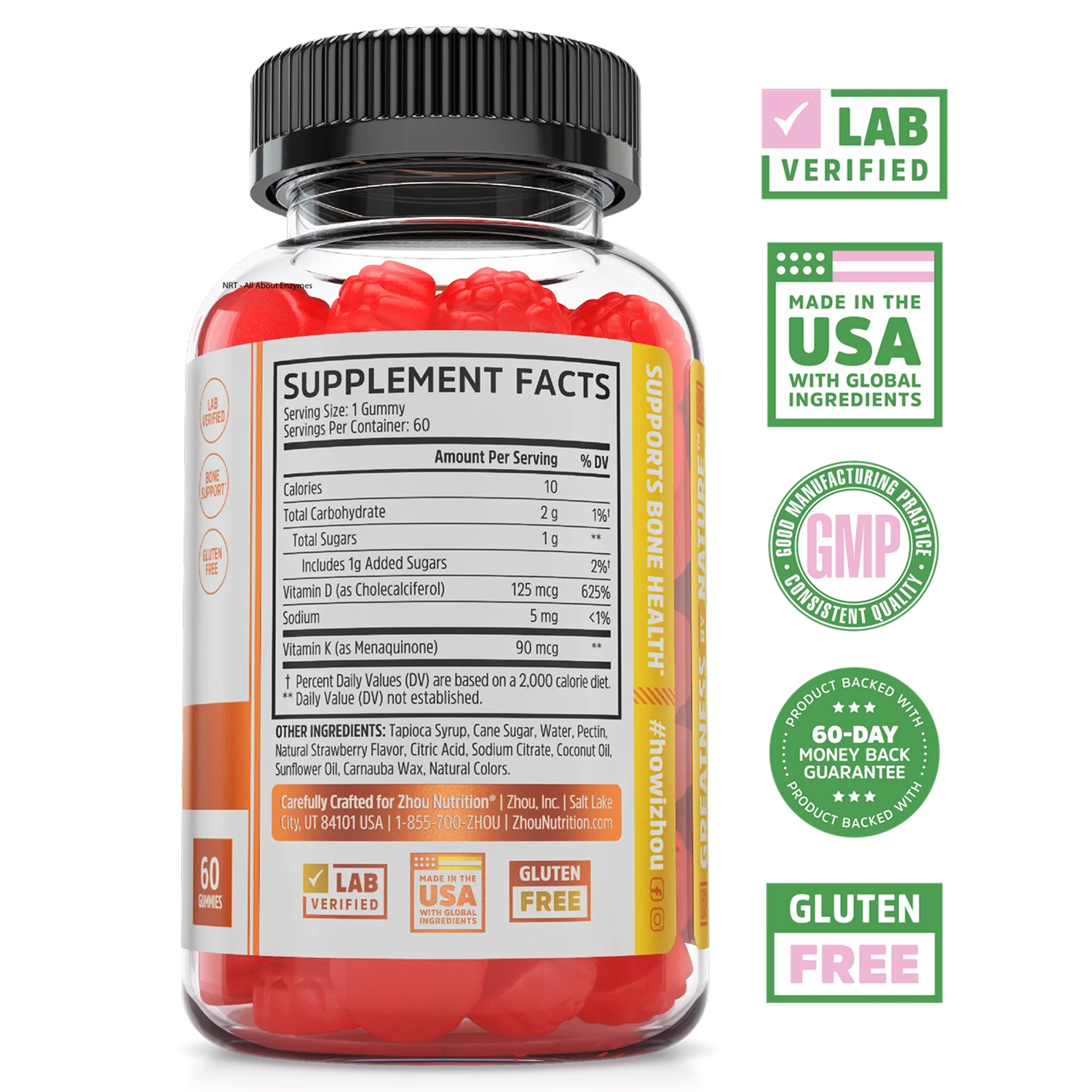 A bottle of Zhou Nutrition Women's Daily Balance Bundle with supplement facts and badges for lab verification, USA, GMP, gluten-free.