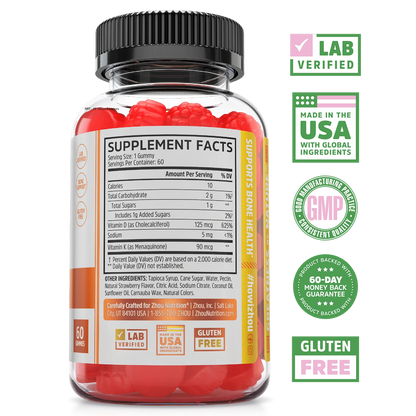 A bottle of Zhou Nutrition Women's Daily Balance Bundle with supplement facts and badges for lab verification, USA, GMP, gluten-free.