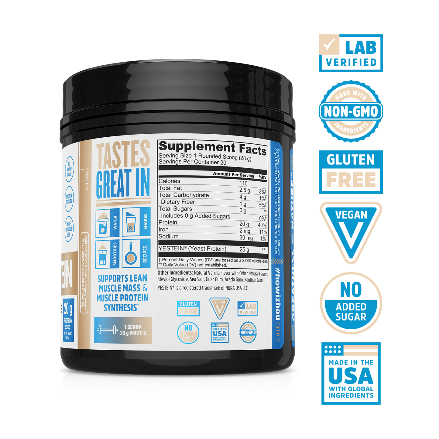 Zhou Nutrition Complete Protein Vanilla offers vegan protein with nutrition facts, icons, and high digestibility for muscles.