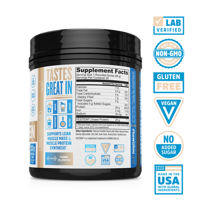Zhou Nutrition Complete Protein Vanilla offers vegan protein with nutrition facts, icons, and high digestibility for muscles.