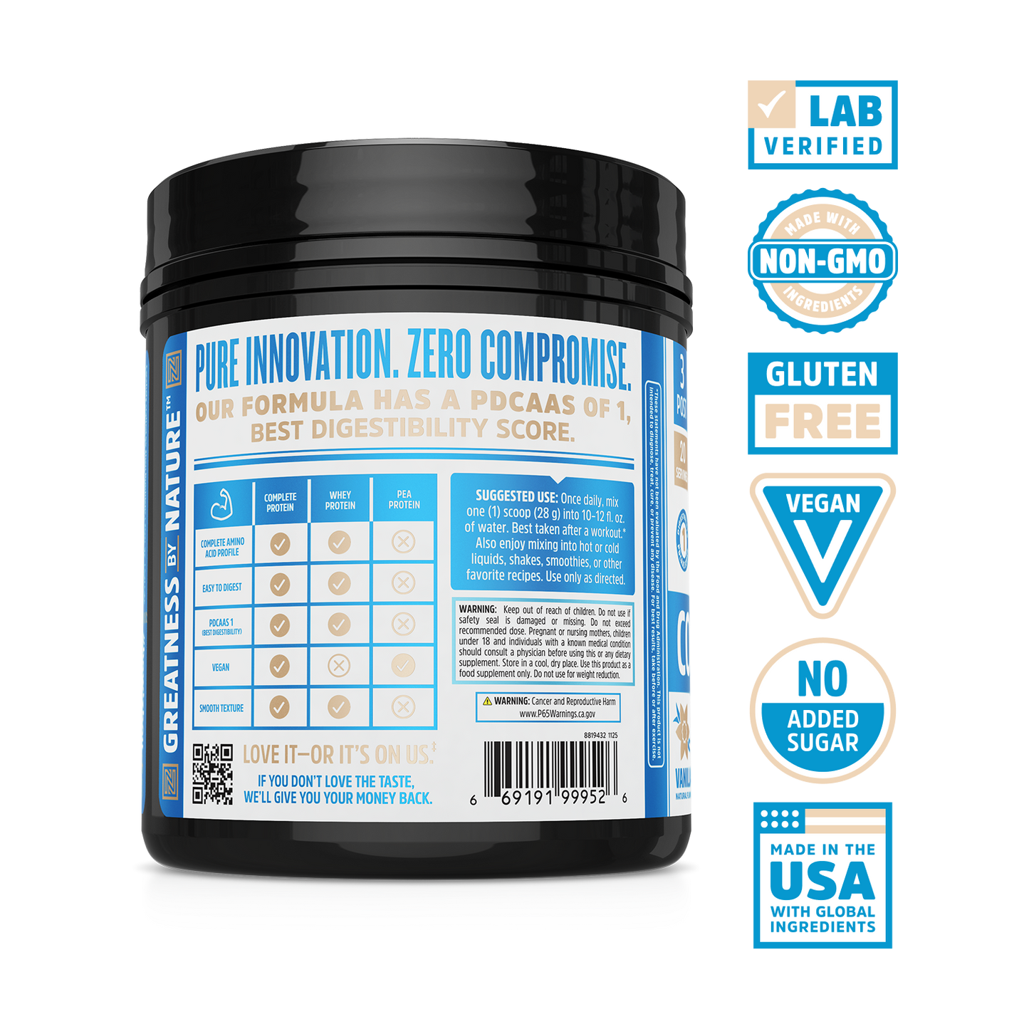Zhou Nutrition Complete Protein Vanilla: vegan, gluten-free, lab verified, perfect digestibility, made in the USA.