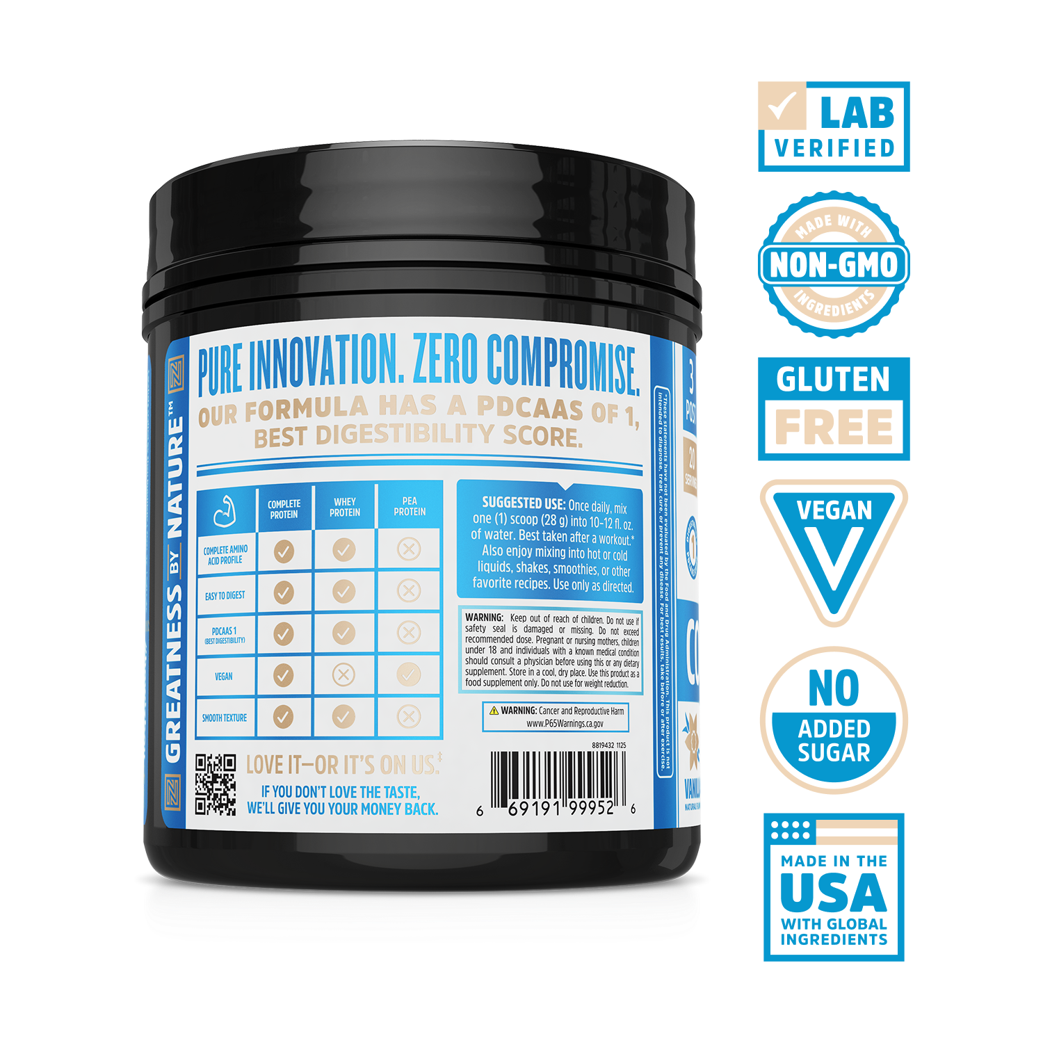 Zhou Nutrition Complete Protein Vanilla: vegan, gluten-free, lab verified, perfect digestibility, made in the USA.