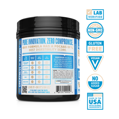 Zhou Nutrition Complete Protein Vanilla: vegan, gluten-free, lab verified, perfect digestibility, made in the USA.