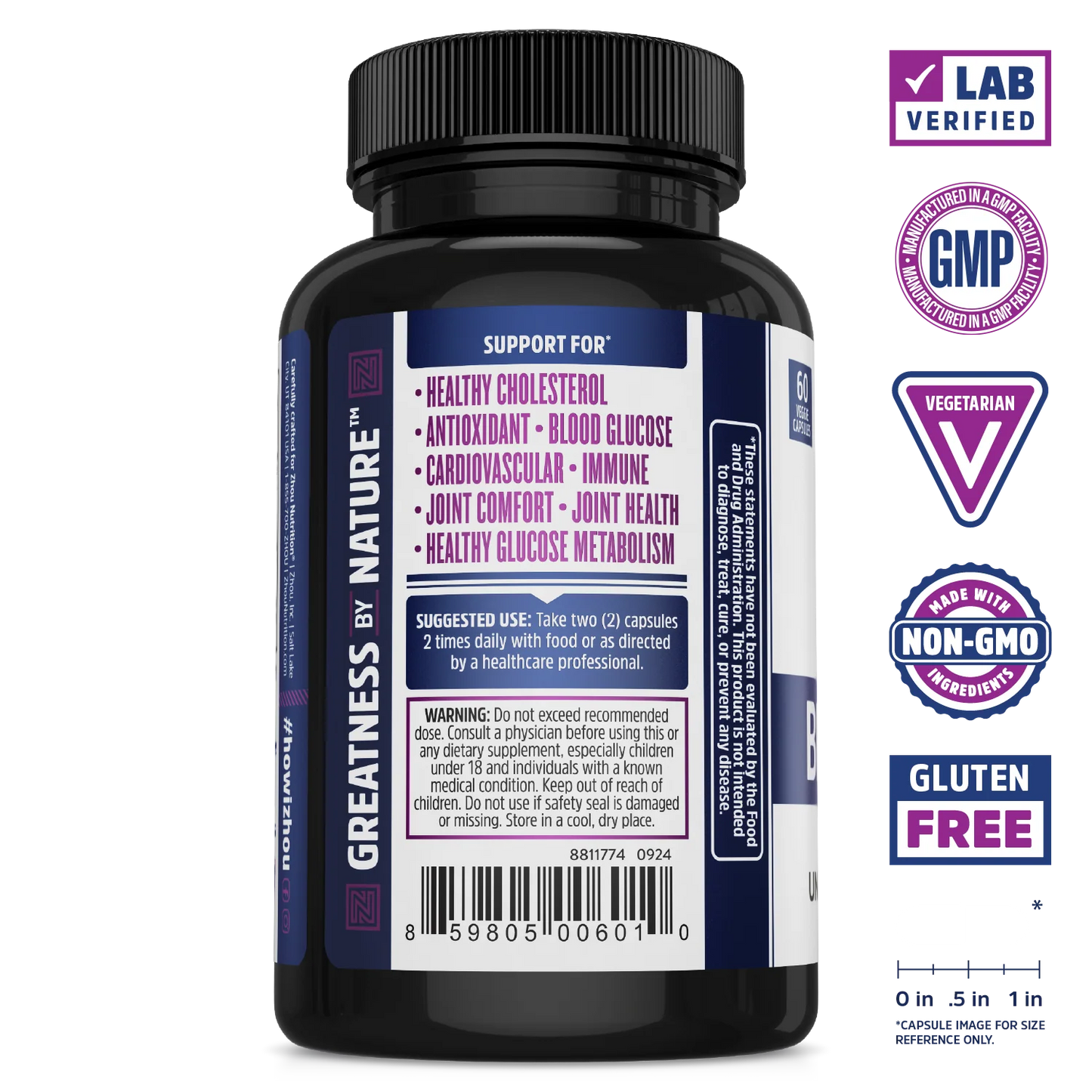 A black bottle of Zhou Nutrition Black Seed Oil Capsules, lab verified, GMP, vegetarian, non-GMO, and gluten free.