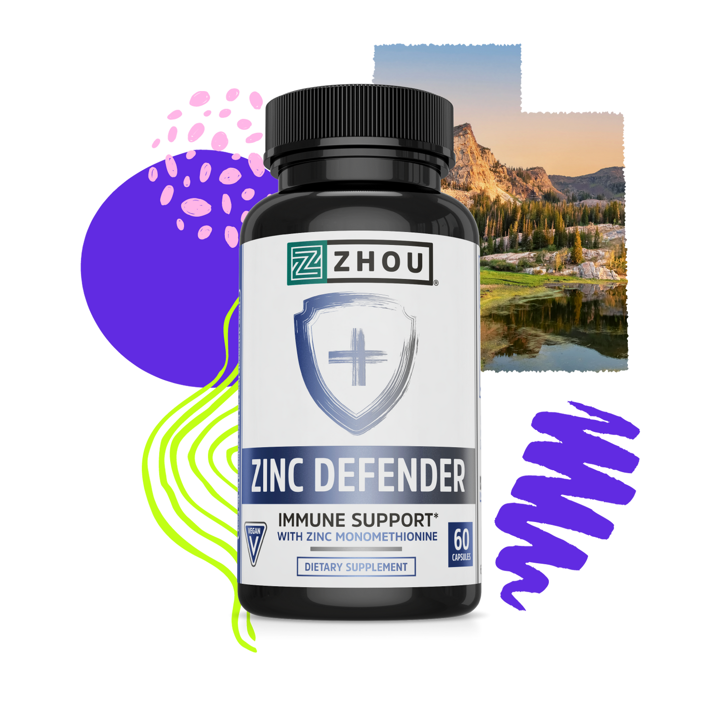 Zhou Nutrition Zinc Defender bottle with colorful abstract shapes and a landscape photo in the background is shown.