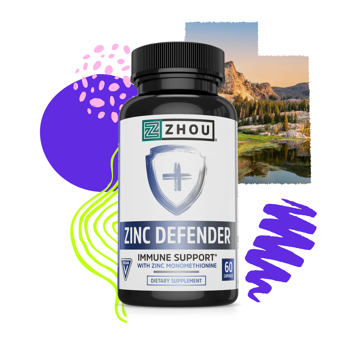 Zhou Nutrition Zinc Defender bottle with colorful abstract shapes and a landscape photo in the background is shown.