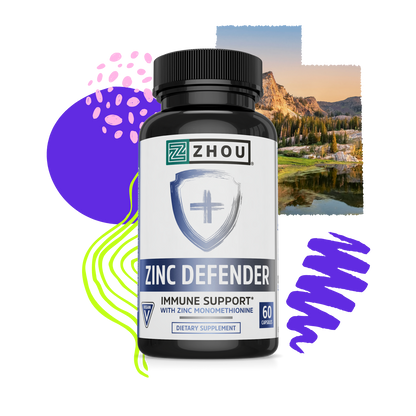 Zhou Nutrition Zinc Defender bottle with colorful abstract shapes and a landscape photo in the background is shown.