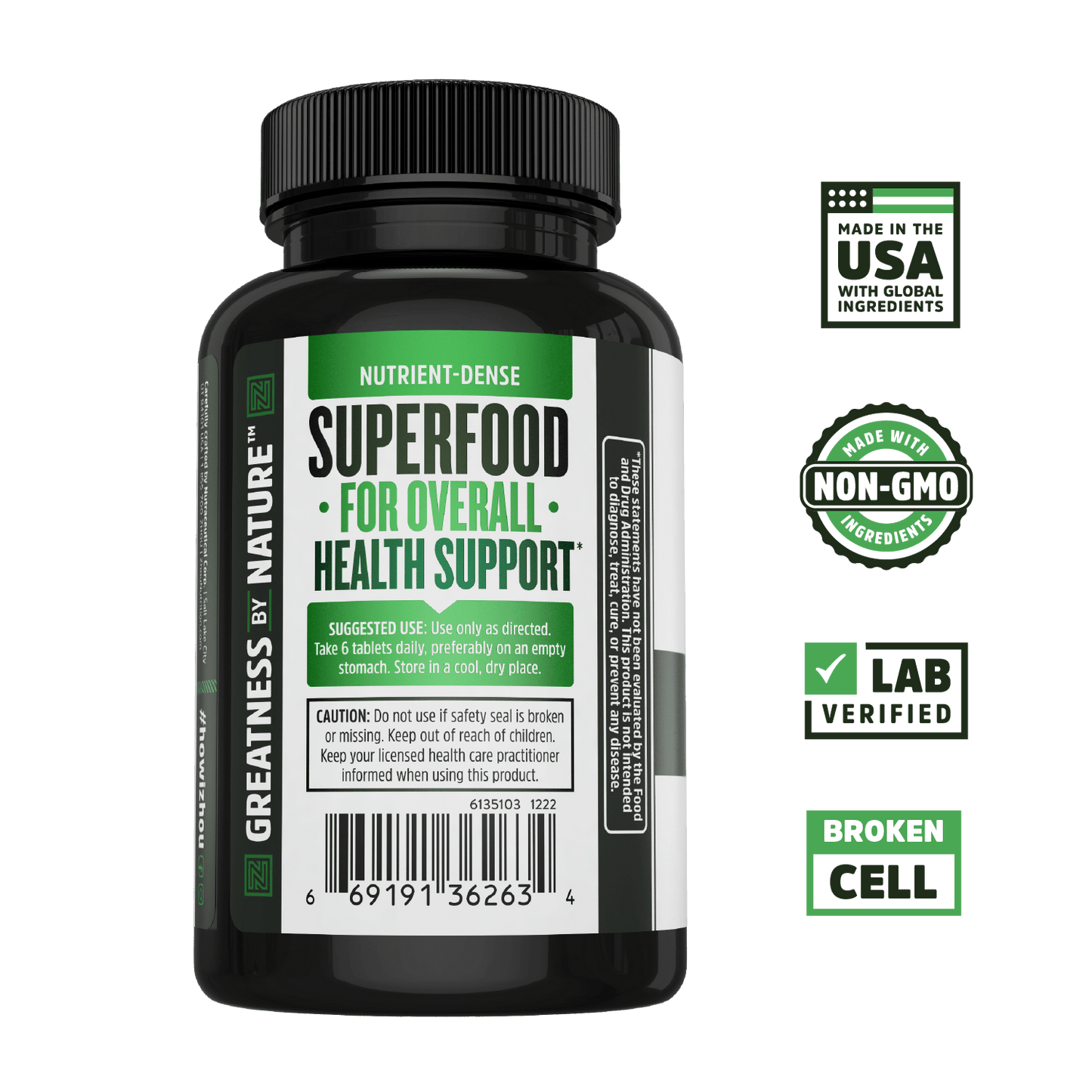 A black bottle of Zhou Nutrition Chlorella, labeled “Superfood for Overall Health Support,” boosts immune health.
