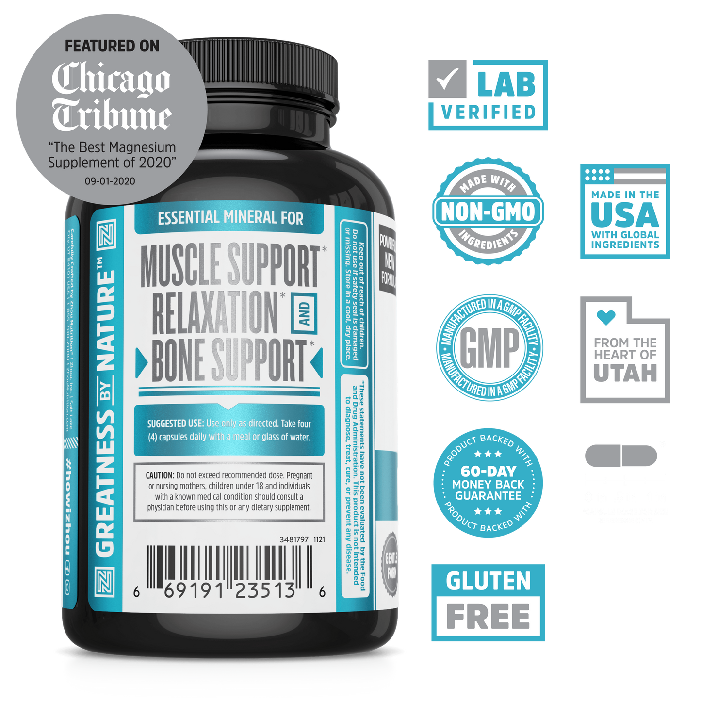 Zhou Nutrition Magnesium Glycinate bottle with blue label for muscle relief, relaxation, and bone support, certified.