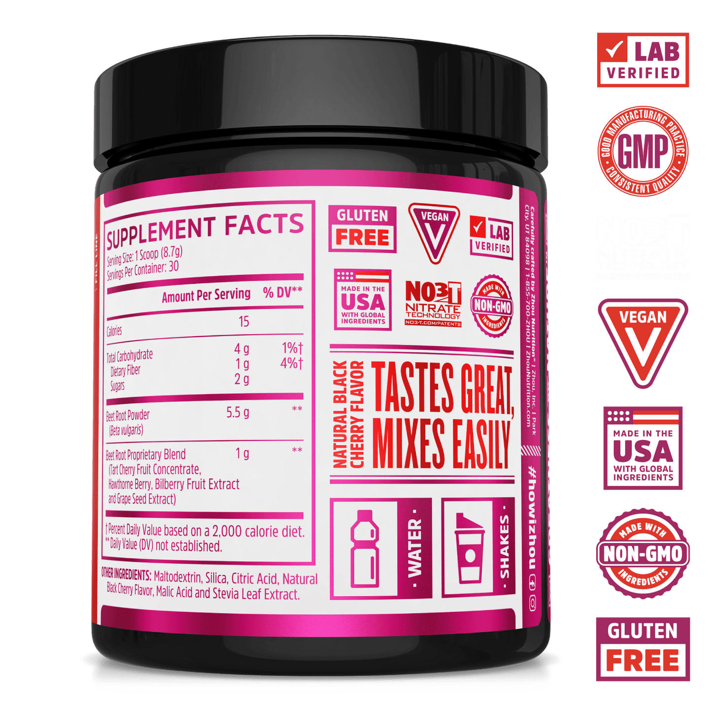 Zhou Nutrition Beet Complete Nitric Oxide powder. Bottle side. Lab verified, good manufacturing practices, NO3 Nitrate Technology, vegan, made in the USA with global ingredients, made with non-GMO ingredients, gluten free.